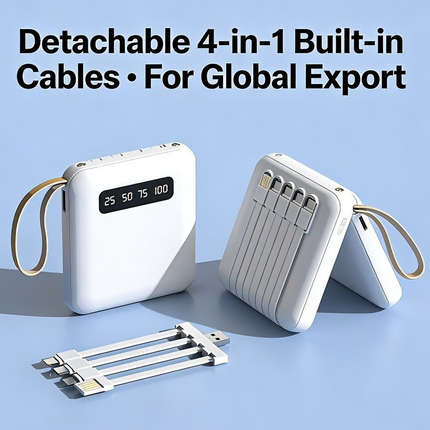 20000mAh High-Capacity Portable Power Bank with Custom Logo, Compact Design and Built-in Cable.