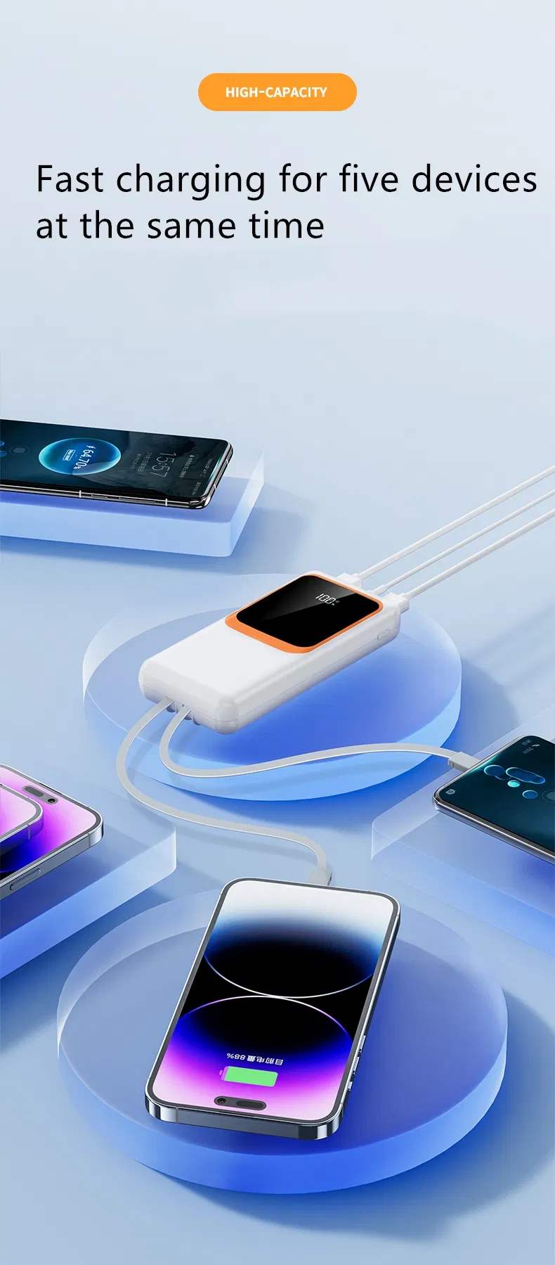 بنك طاقة عالي السعة مع حبل ومؤشر LED كبير