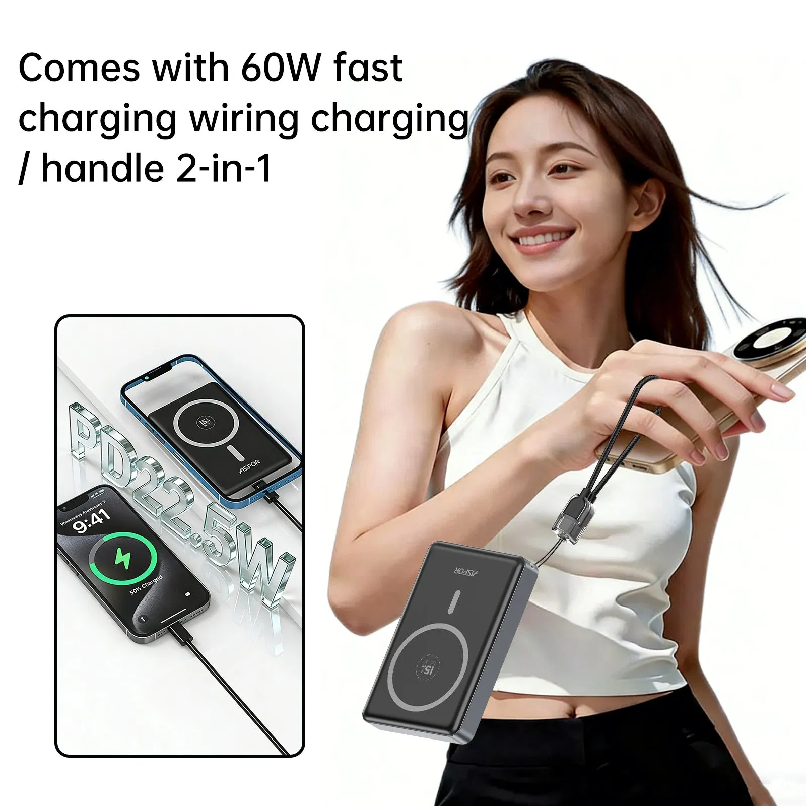 باور بانك مغناطيسي سلسلة ستاري 10000mAh مع شاشة LCD، شحن سريع Pd 22.5W باور بانك محمول بحالة صلبة أسبور S228