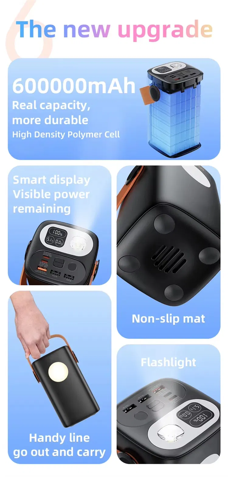 بنك طاقة محمول عالي السعة 40000mAh 60000mAh 100W 65W نوع C مخرجات USB مزدوجة مضاءة مدمجة حزام يدوي للاستخدام الخارجي