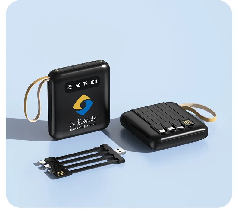 20000mAh High-Capacity Portable Power Bank with Custom Logo, Compact Design and Built-in Cable.