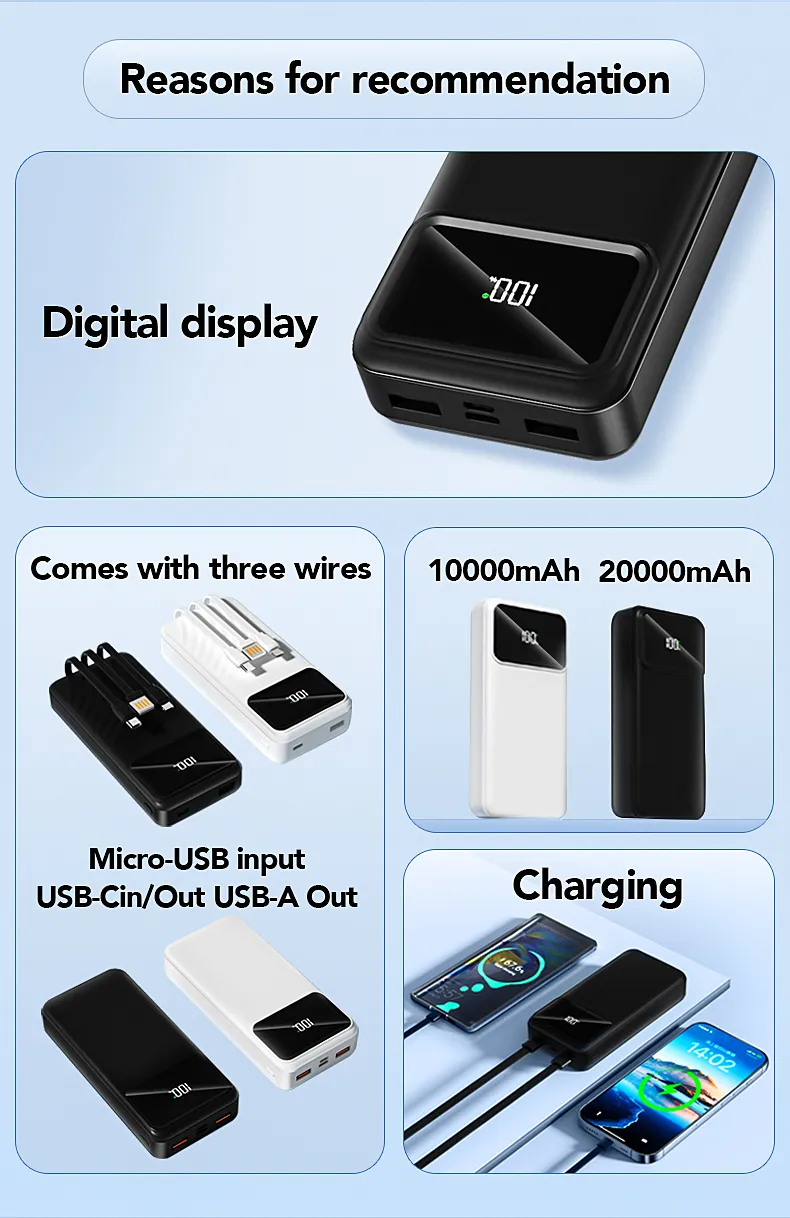 بنك طاقة محمول سريع الشحن بالجملة مع منفذين USB 10000mAh 20000mAh وكابلات لهاتف المحمول