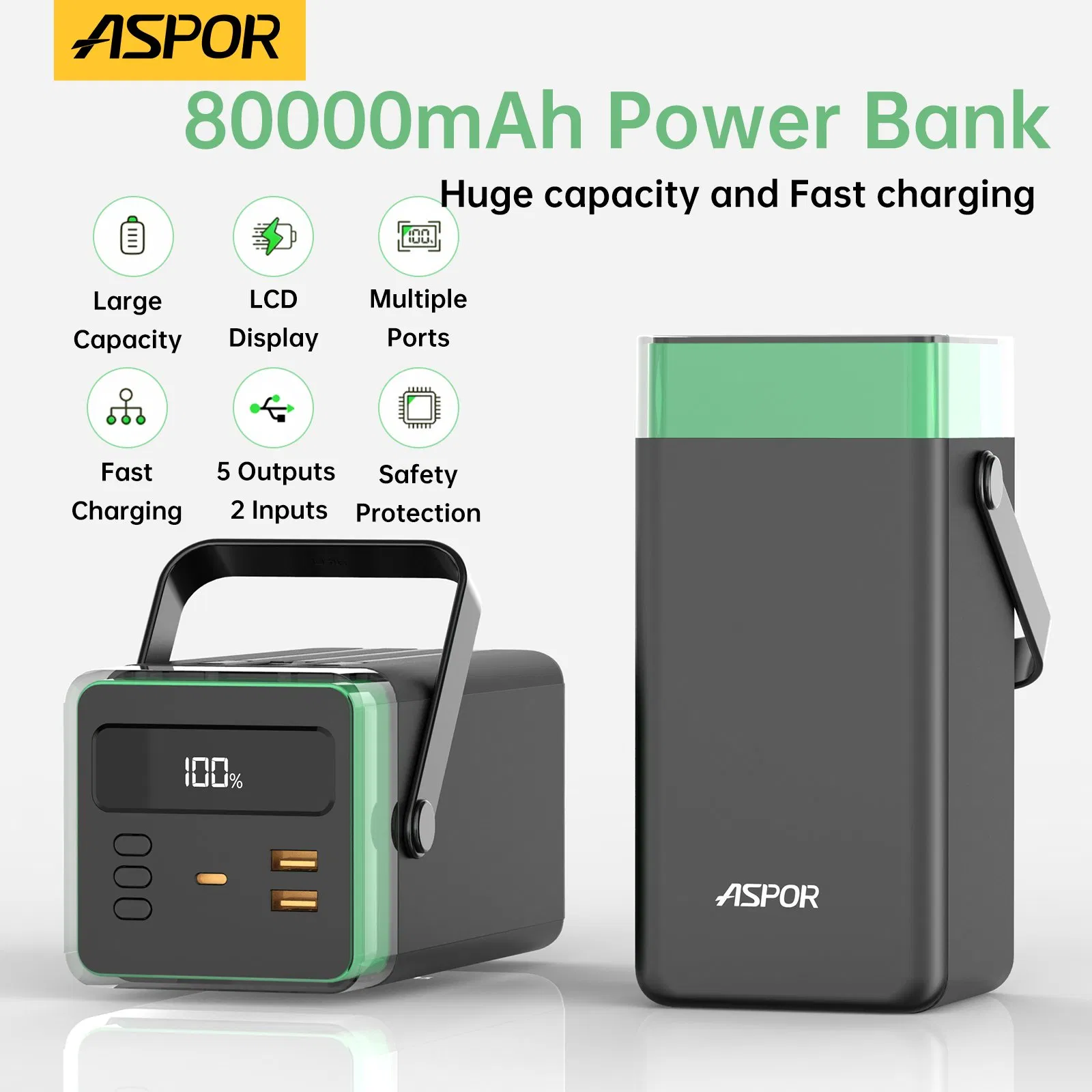 أسبور A395 بنوك الطاقة 80000mAh سعة عالية كابلات مدمجة، إضاءة RGB شحن سريع بنك طاقة محمول