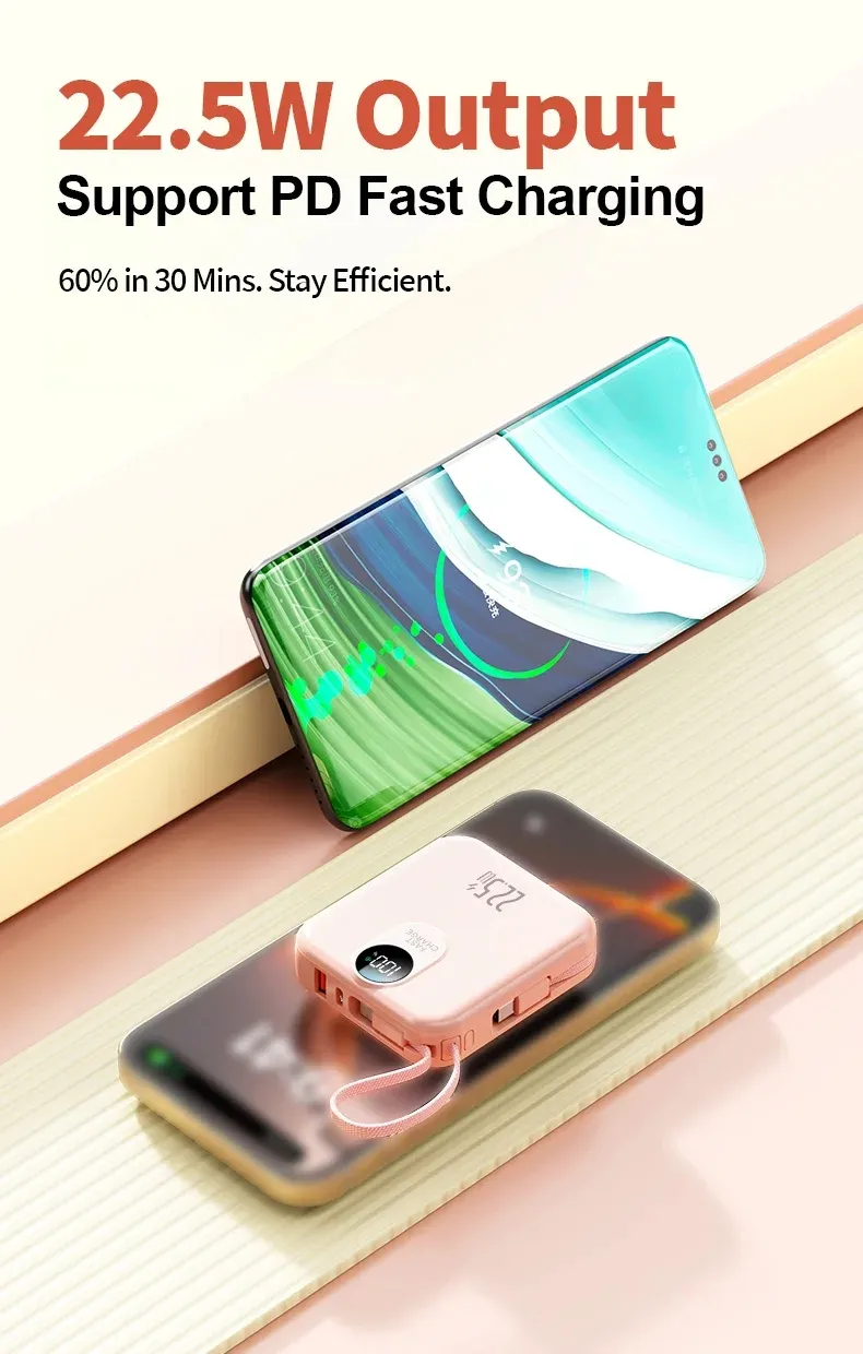 بنك طاقة سريع الشحن بالجملة بسعة عالية مع كابل مدمج 22.5W عرض رقمي محمول 2 بنك طاقة 10000mAh
