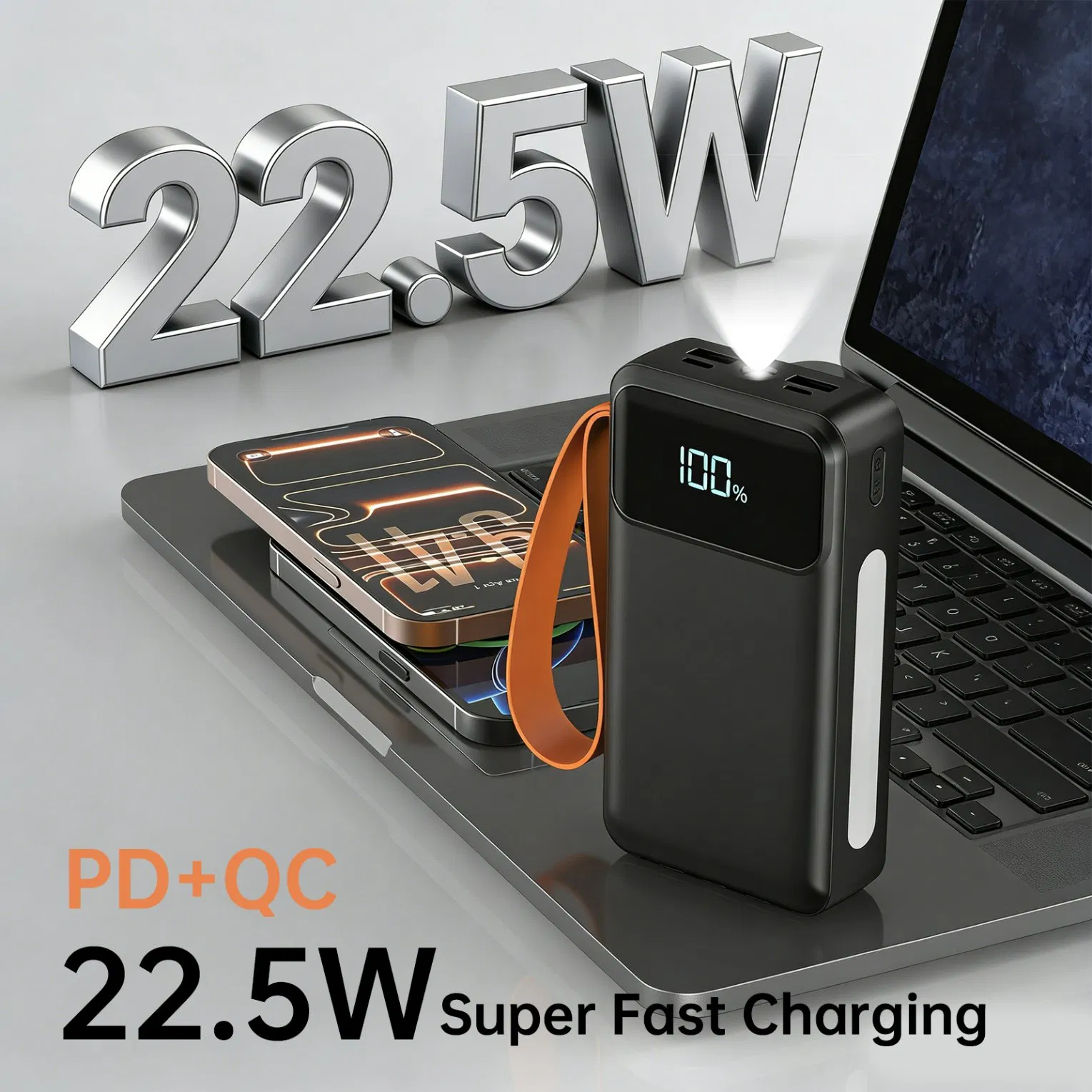 22.5W شاحن سريع 20000mAh, إضاءة LED، 4 كابلات مدمجة، 6 منافذ إخراج، بنك طاقة محمول أسبور A302