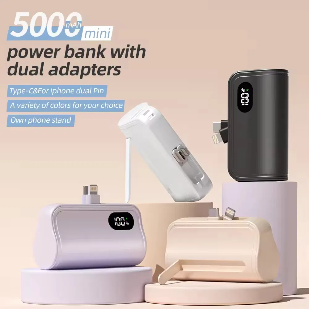 شعار مخصص بنك طاقة صغير فائق النحافة محمول في الهواء الطلق 5000mAh بنك طاقة مصغر مع كابل نوع-C مدمج شحن سريع