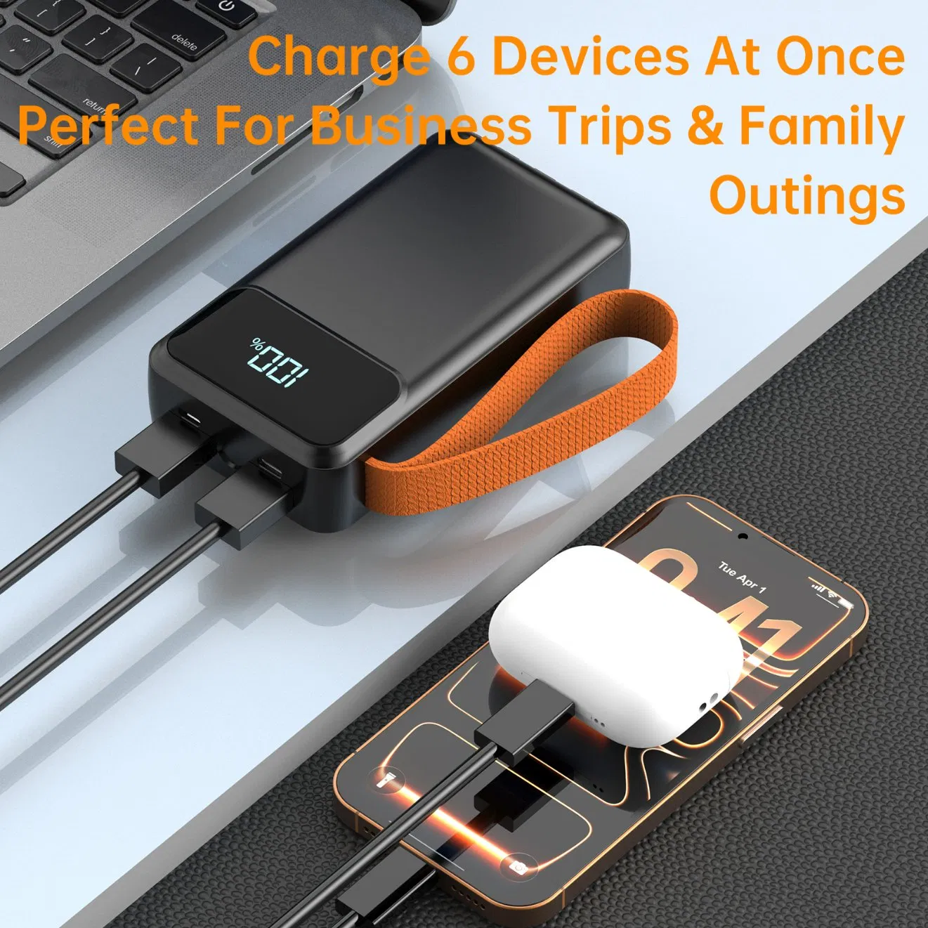 22.5W شاحن سريع 20000mAh, إضاءة LED، 4 كابلات مدمجة، 6 منافذ إخراج، بنك طاقة محمول أسبور A302
