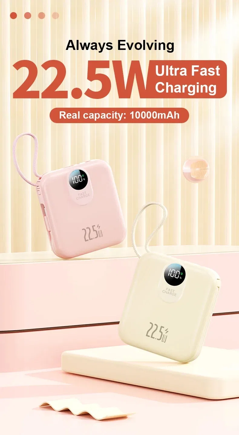 بنك طاقة سريع الشحن بالجملة بسعة عالية مع كابل مدمج 22.5W عرض رقمي محمول 2 بنك طاقة 10000mAh