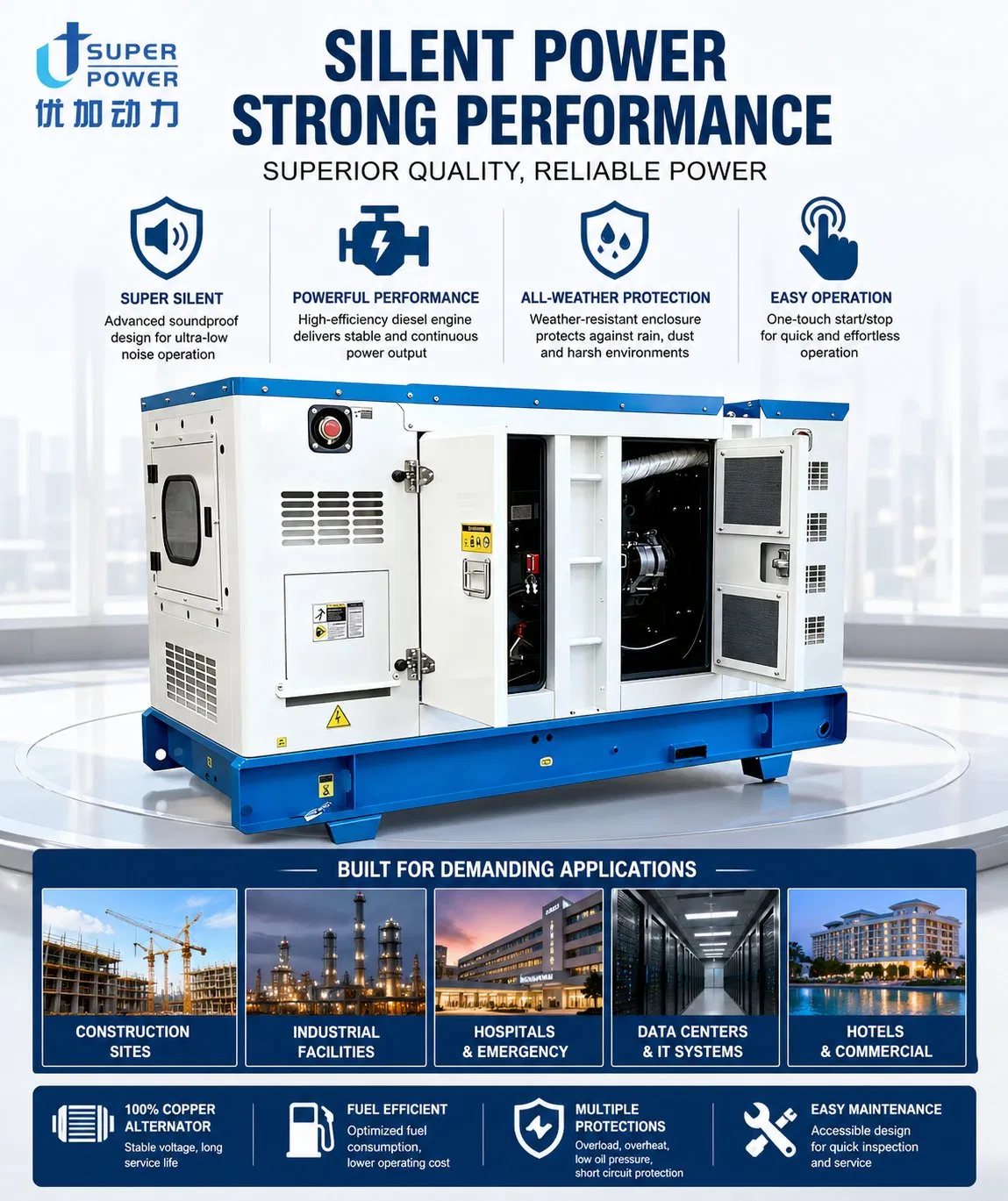 100kVA 80kw مولد ديزل صناعي صامت، 3 مرحلة، 400V, للطاقة الاحتياطية للمصانع والتجارة