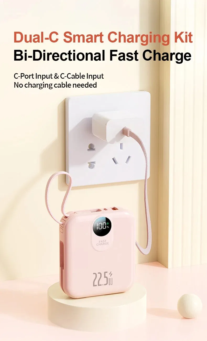 بنك طاقة سريع الشحن بالجملة بسعة عالية مع كابل مدمج 22.5W عرض رقمي محمول 2 بنك طاقة 10000mAh