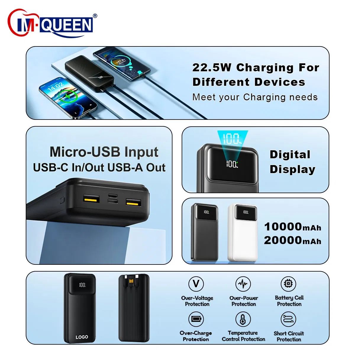 بنك طاقة محمول سريع الشحن بالجملة مع منفذين USB 10000mAh 20000mAh وكابلات لهاتف المحمول