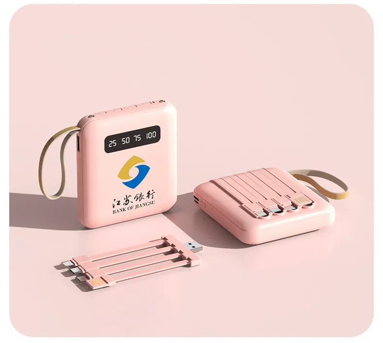 20000mAh High-Capacity Portable Power Bank with Custom Logo, Compact Design and Built-in Cable.