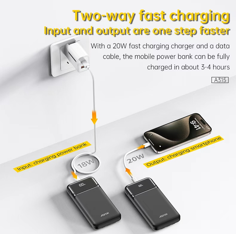 أسبور A315 10000mAh بنك طاقة عالي السعة 22.5W بنك طاقة سريع الشحن