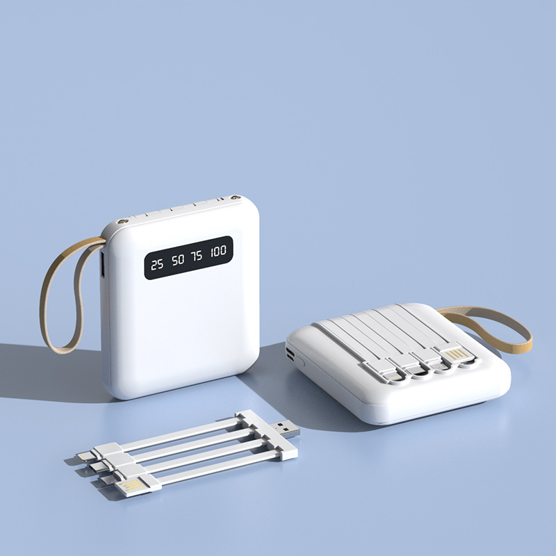 20000mAh High-Capacity Portable Power Bank with Custom Logo, Compact Design and Built-in Cable.