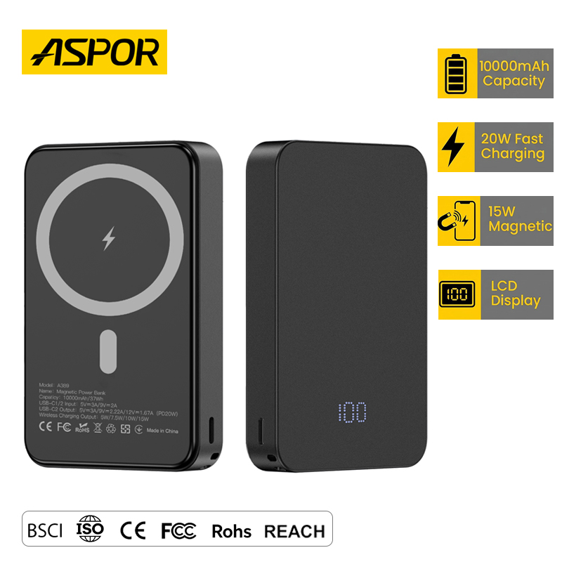 أسبور 10000mAh بنك طاقة محمول مغناطيسي 15W شحن سريع لاسلكي A389
