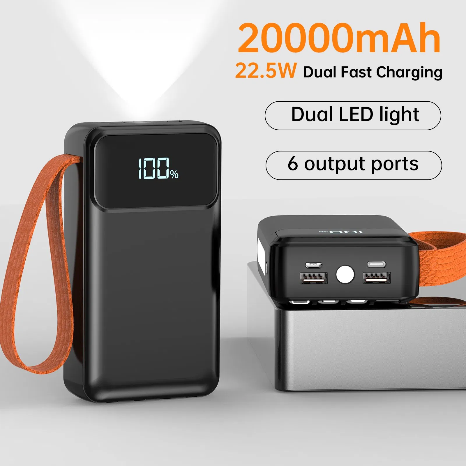 22.5W شاحن سريع 20000mAh, إضاءة LED، 4 كابلات مدمجة، 6 منافذ إخراج، بنك طاقة محمول أسبور A302
