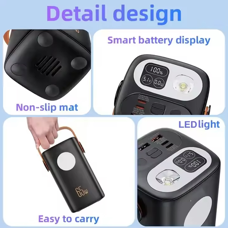 بنك طاقة محمول عالي السعة 40000mAh 60000mAh 100W 65W نوع C مخرجات USB مزدوجة مضاءة مدمجة حزام يدوي للاستخدام الخارجي