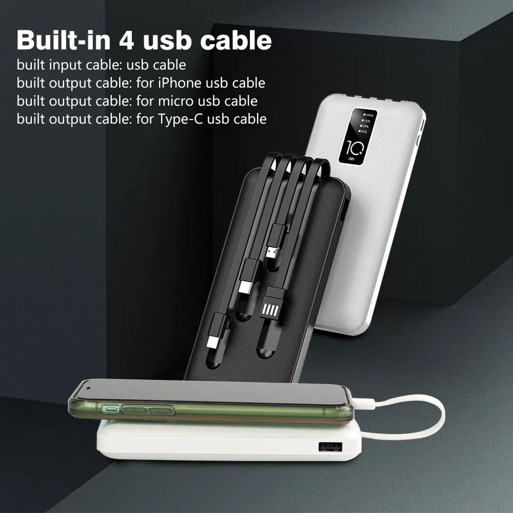 شاحن سريع 10000mAh بنك طاقة بشاحن مدمج ميكرو USB/Type-C/Lighting/ USB 4 في 1 كابل بنك طاقة محمول