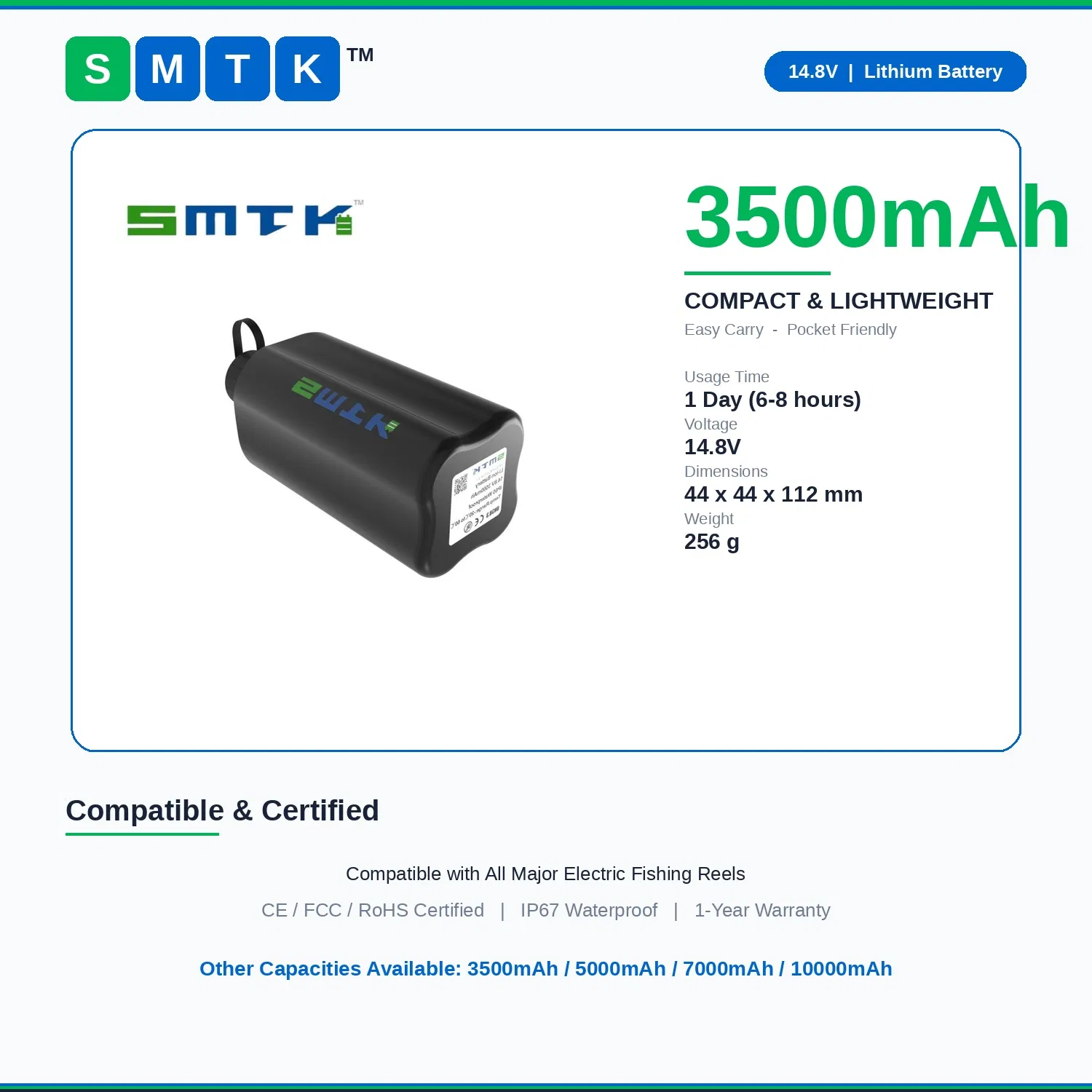 حزمة بطارية ليثيوم أيون 14.8V 3500mAh 7000mAh 8800mAh IP67 بطاريات ليثيوم أيون قابلة لإعادة الشحن لصنارات الصيد الكهربائية ونشات الكهرباء والتخييم والصيد