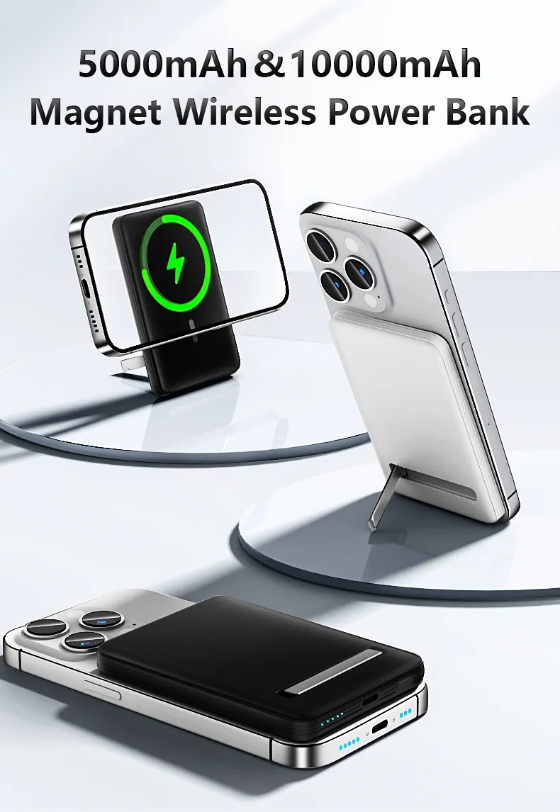 بنك طاقة لاسلكي مغناطيسي سريع الشحن مخصص بالجملة محمول 5000mAh 10000mAh مع حامل للشحن للهاتف