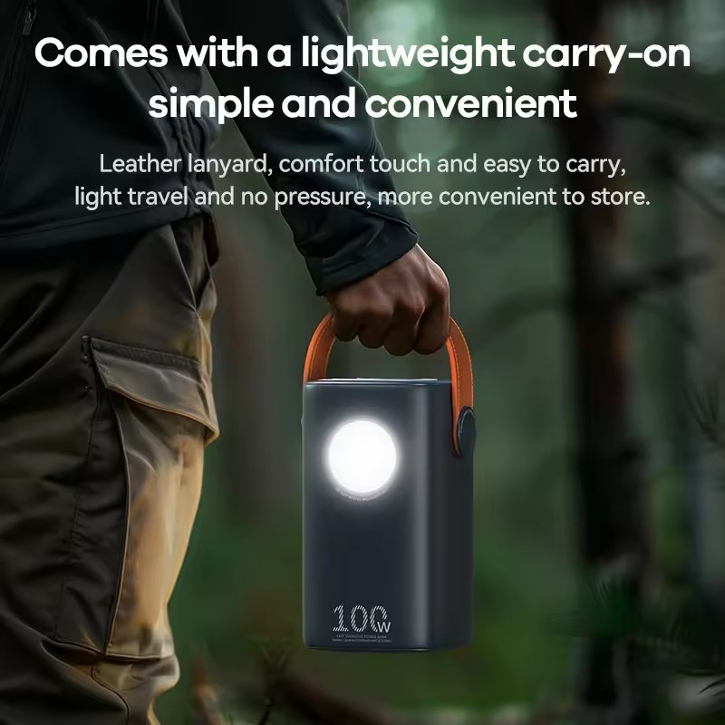 بنك طاقة محمول عالي السعة 40000mAh 60000mAh 100W 65W نوع C مخرجات USB مزدوجة مضاءة مدمجة حزام يدوي للاستخدام الخارجي