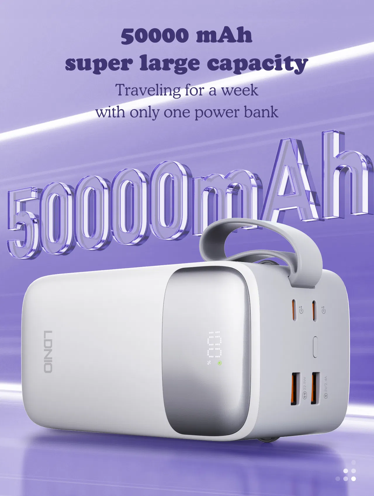 بانك طاقة سريع الشحن من ليدنيو Pq50 50000mAh مزود بكابل 4 في 1 مايكرو USB نوع-C لايتنينغ قابل للنقل بانك طاقة محمول وكيل جملة OEM ODM