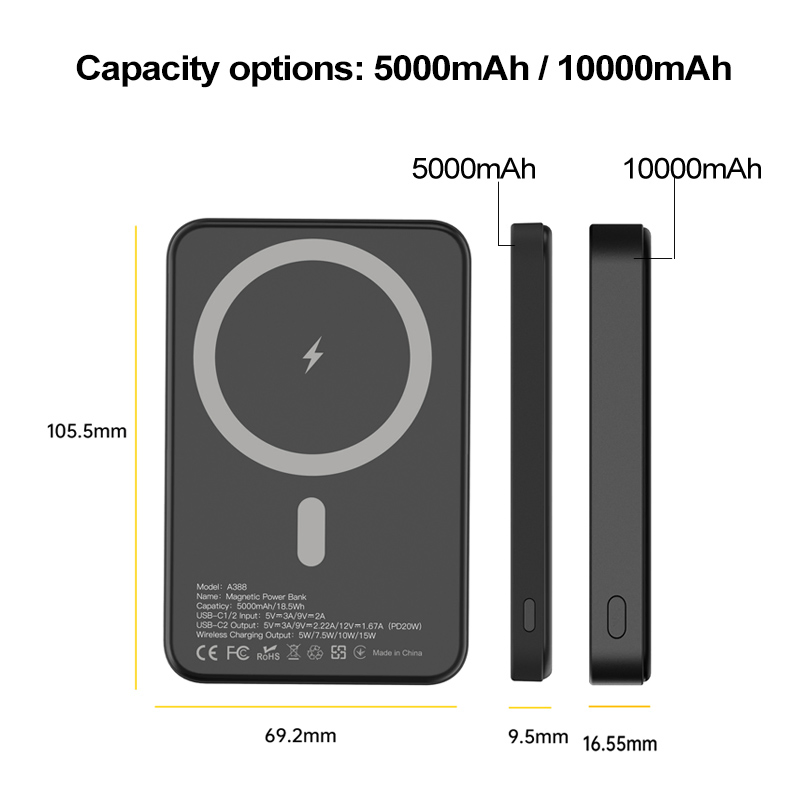 أسبور 10000mAh بنك طاقة محمول مغناطيسي 15W شحن سريع لاسلكي A389