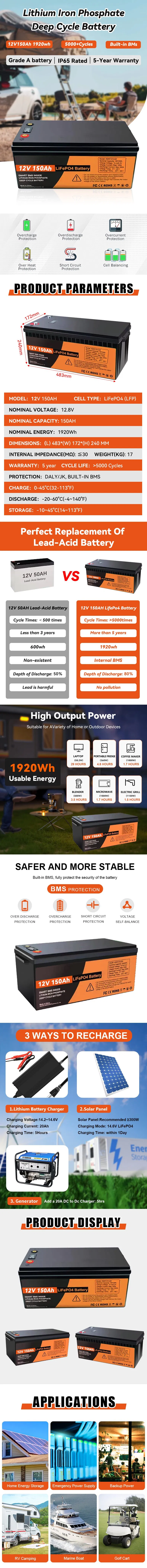 12V 150 LiFePO4 حزمة البطارية 100ah 200ah 300ah 280ah 24V حزمة بطارية ليثيوم لنظام الطاقة الشمسية