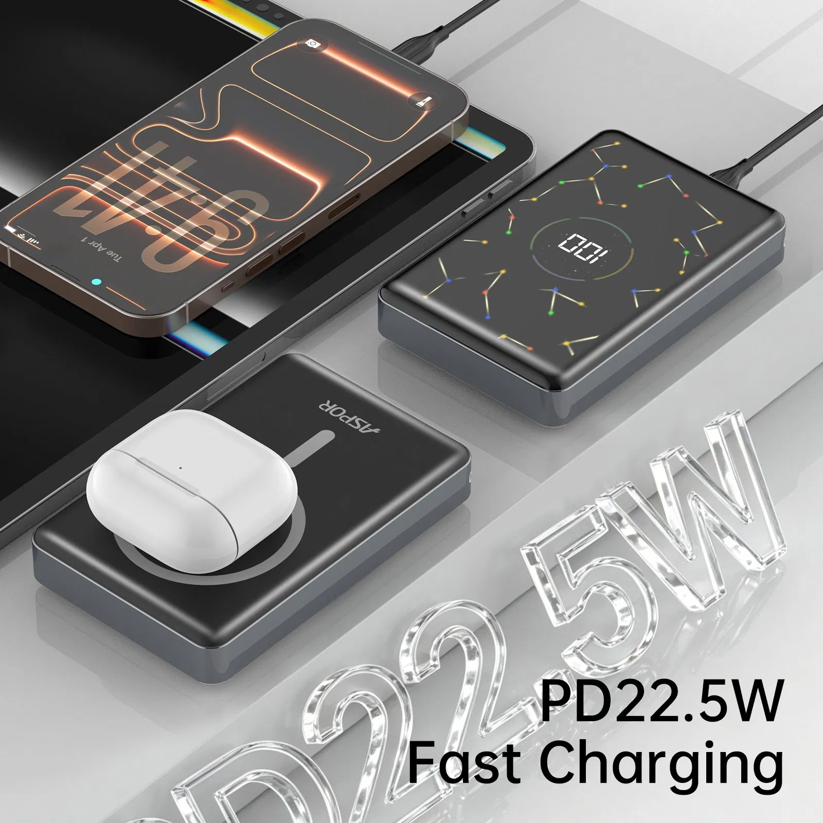 باور بانك مغناطيسي سلسلة ستاري 10000mAh مع شاشة LCD، شحن سريع Pd 22.5W باور بانك محمول بحالة صلبة أسبور S228