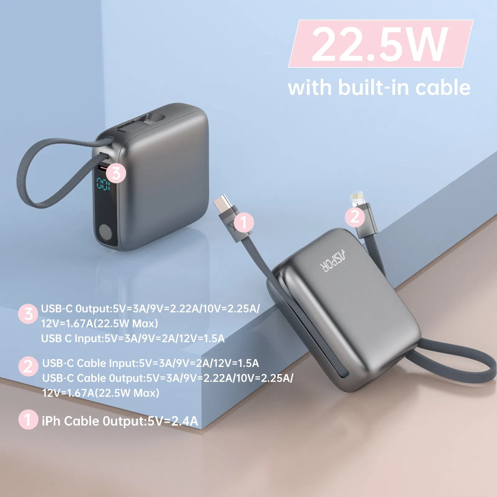 10000mAh بنك طاقة محمول معتمد من CCC بكابلات مزدوجة قابلة للسحب 22.5W شاشة LCD