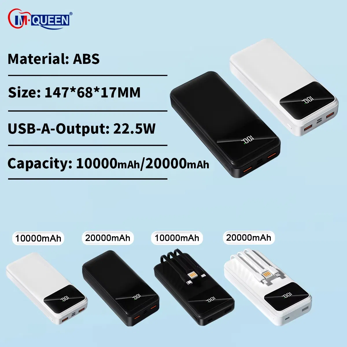 بنك طاقة محمول سريع الشحن بالجملة مع منفذين USB 10000mAh 20000mAh وكابلات لهاتف المحمول