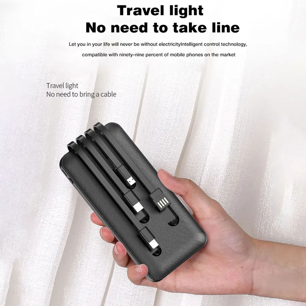 شاحن سريع 10000mAh بنك طاقة بشاحن مدمج ميكرو USB/Type-C/Lighting/ USB 4 في 1 كابل بنك طاقة محمول