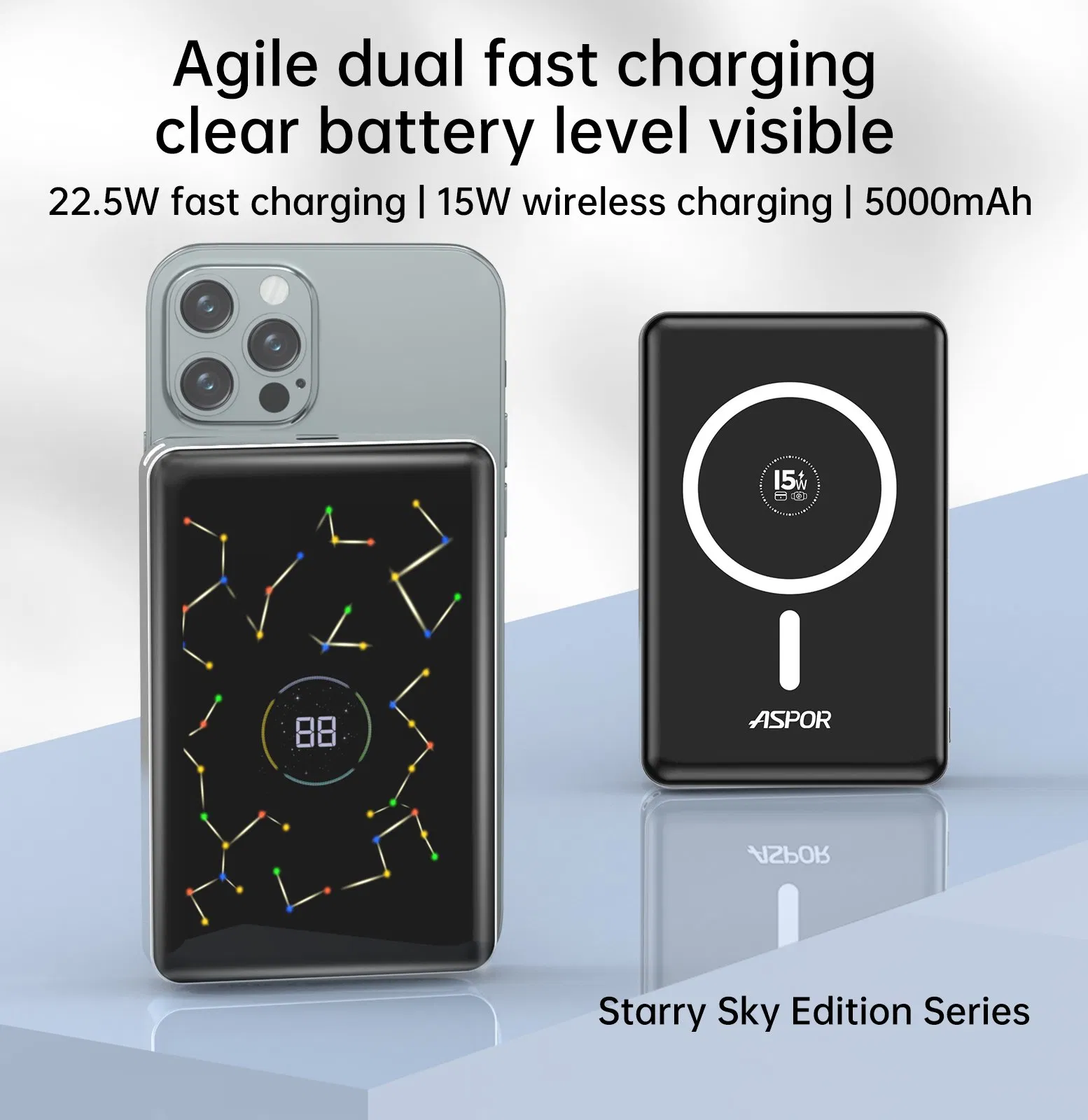 باور بانك مغناطيسي سلسلة ستاري 10000mAh مع شاشة LCD، شحن سريع Pd 22.5W باور بانك محمول بحالة صلبة أسبور S228