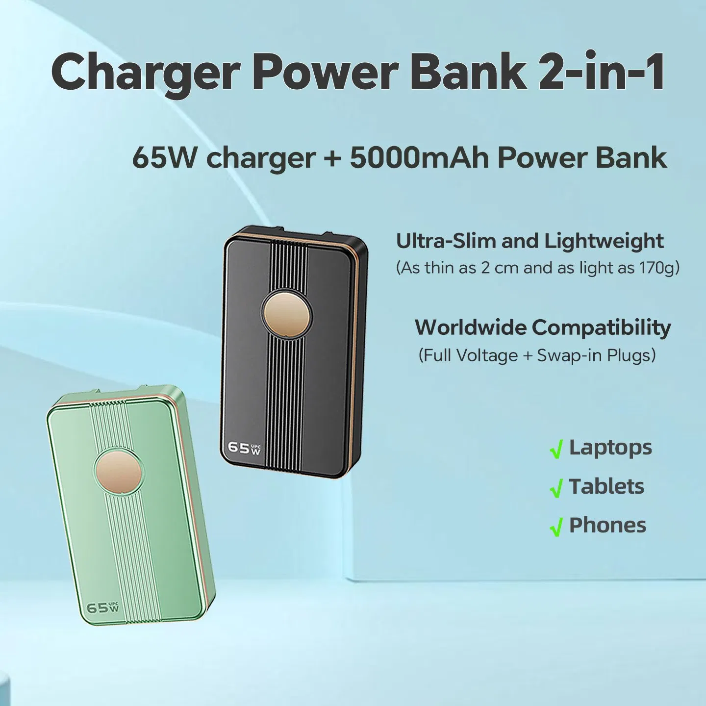 65W محول طاقة GaN محمول 5000mAh بنك طاقة للاستخدام في السفر الدولي