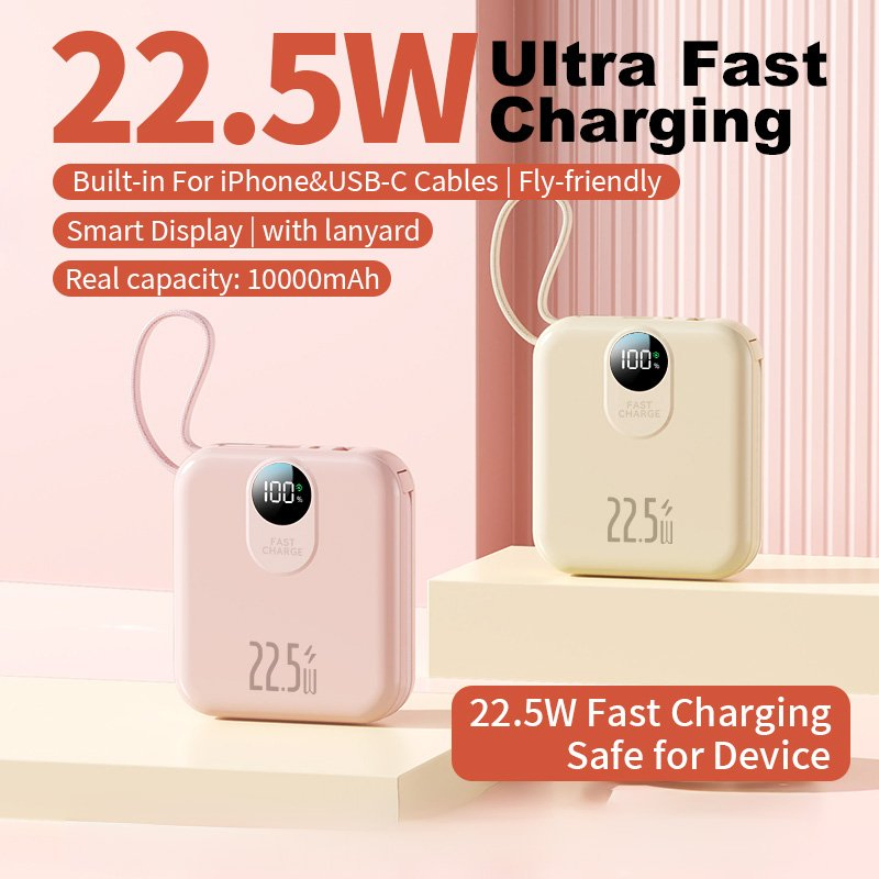 بنك طاقة سريع الشحن بالجملة بسعة عالية مع كابل مدمج 22.5W عرض رقمي محمول 2 بنك طاقة 10000mAh