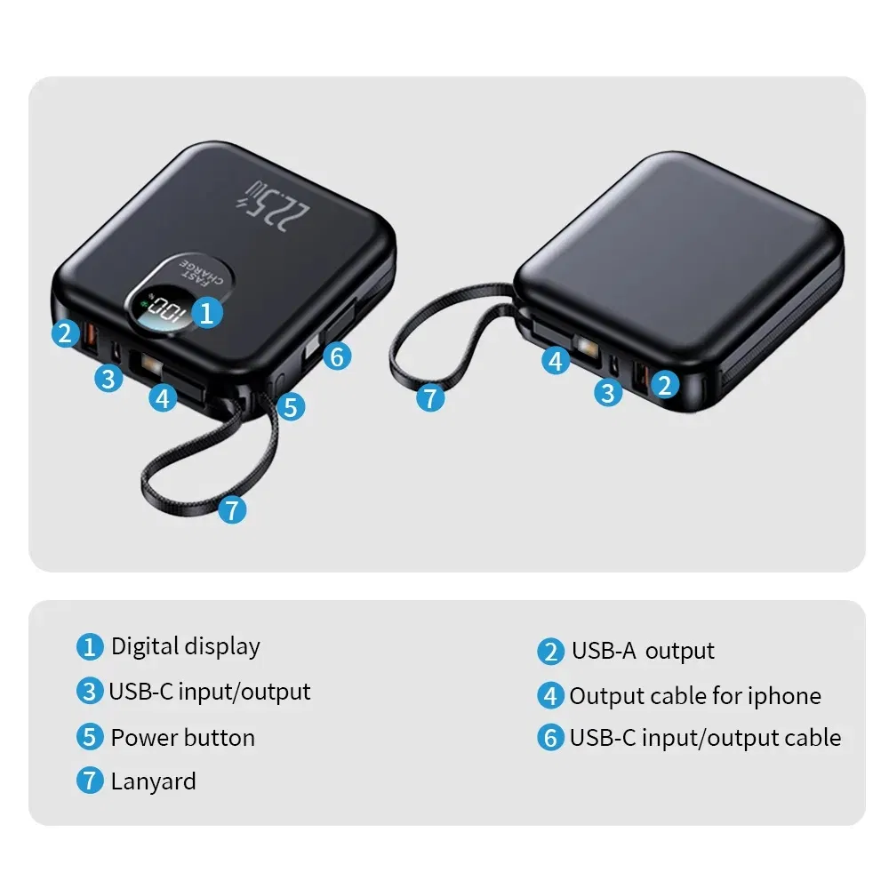 بنك طاقة سريع الشحن بالجملة بسعة عالية مع كابل مدمج 22.5W عرض رقمي محمول 2 بنك طاقة 10000mAh