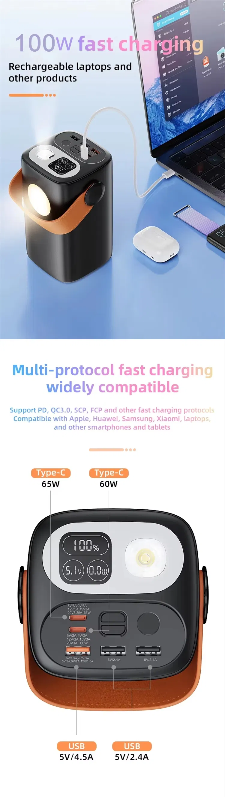 بنك طاقة محمول عالي السعة 40000mAh 60000mAh 100W 65W نوع C مخرجات USB مزدوجة مضاءة مدمجة حزام يدوي للاستخدام الخارجي