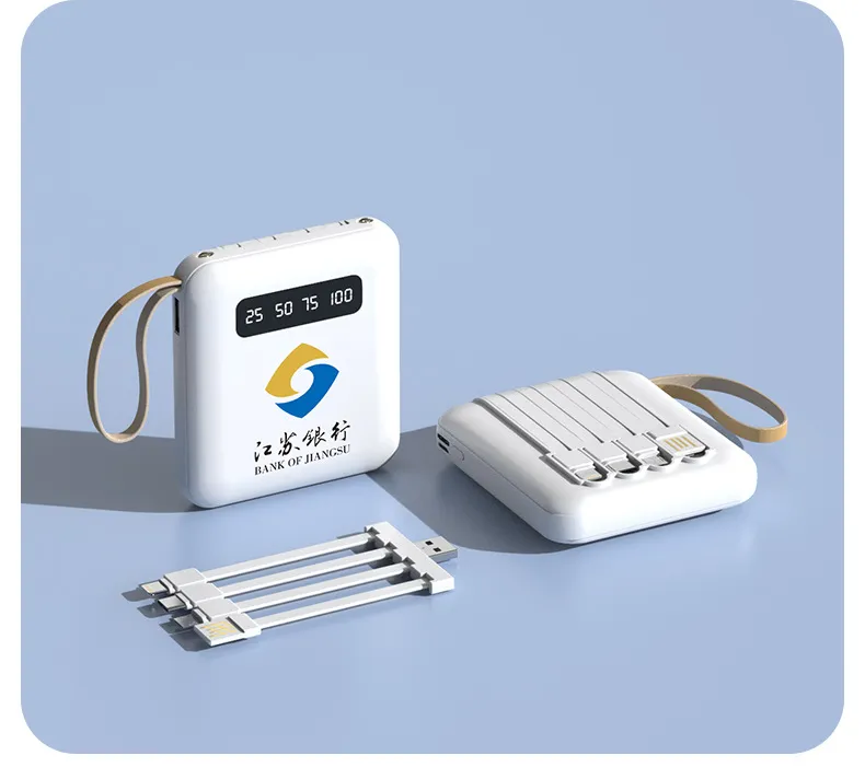 20000mAh High-Capacity Portable Power Bank with Custom Logo, Compact Design and Built-in Cable.