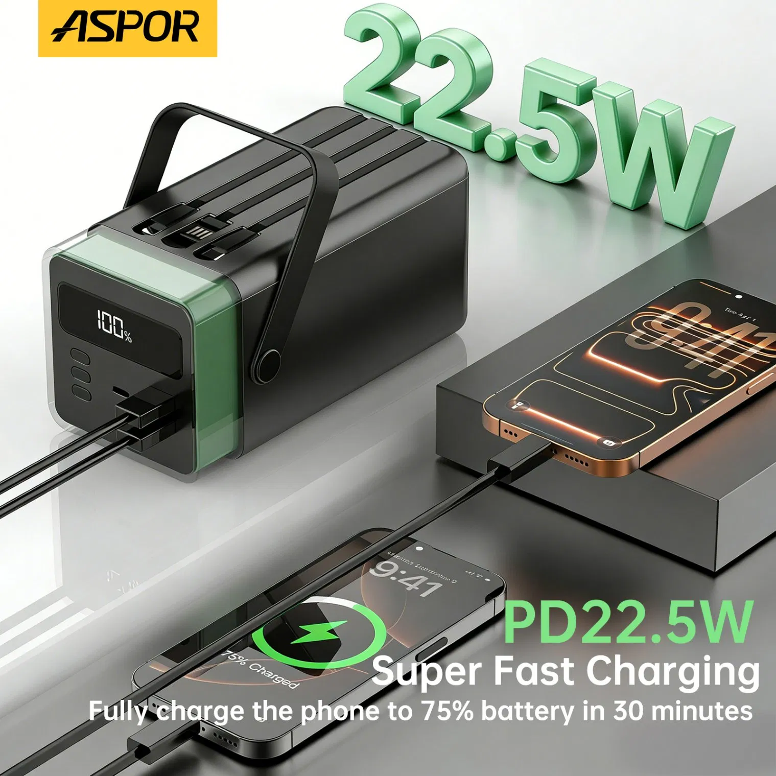 أسبور A395 بنوك الطاقة 80000mAh سعة عالية كابلات مدمجة، إضاءة RGB شحن سريع بنك طاقة محمول