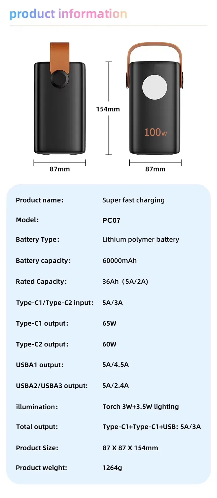 بنك طاقة محمول عالي السعة 40000mAh 60000mAh 100W 65W نوع C مخرجات USB مزدوجة مضاءة مدمجة حزام يدوي للاستخدام الخارجي