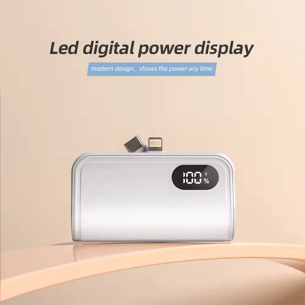 شعار مخصص بنك طاقة صغير فائق النحافة محمول في الهواء الطلق 5000mAh بنك طاقة مصغر مع كابل نوع-C مدمج شحن سريع