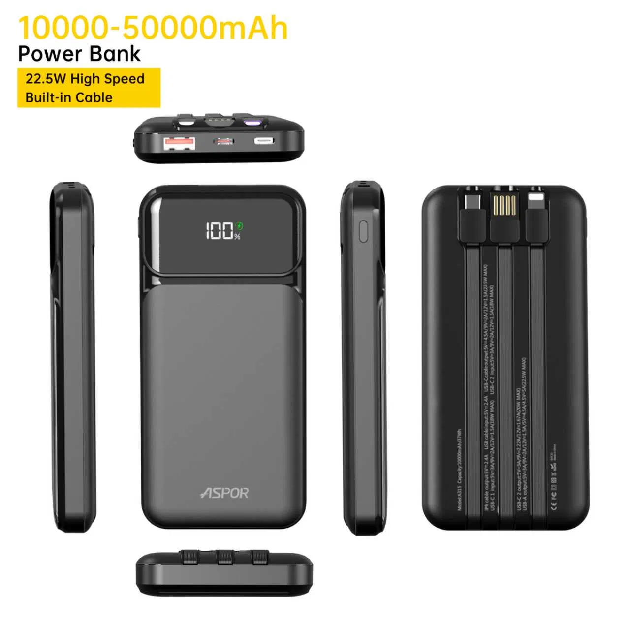 أسبور A315 10000mAh بنك طاقة عالي السعة 22.5W بنك طاقة سريع الشحن