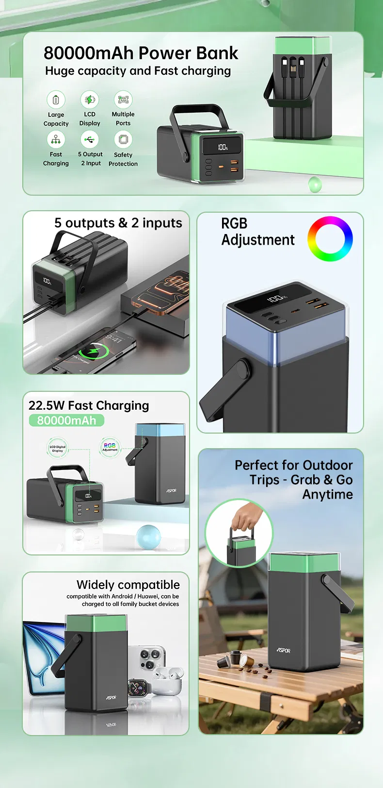 بنك طاقة محمول كابلات مدمجة إضاءة RGB