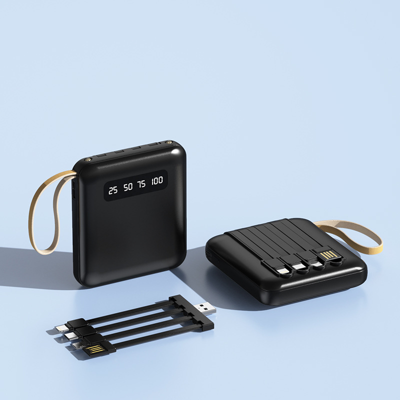 20000mAh High-Capacity Portable Power Bank with Custom Logo, Compact Design and Built-in Cable.