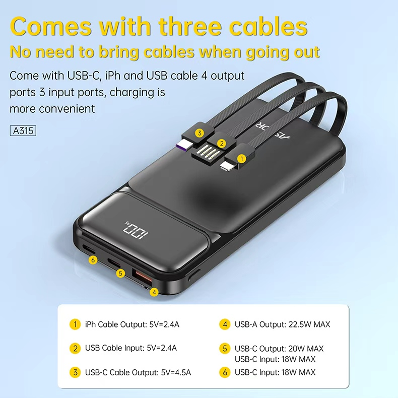 أسبور A315 10000mAh بنك طاقة عالي السعة 22.5W بنك طاقة سريع الشحن