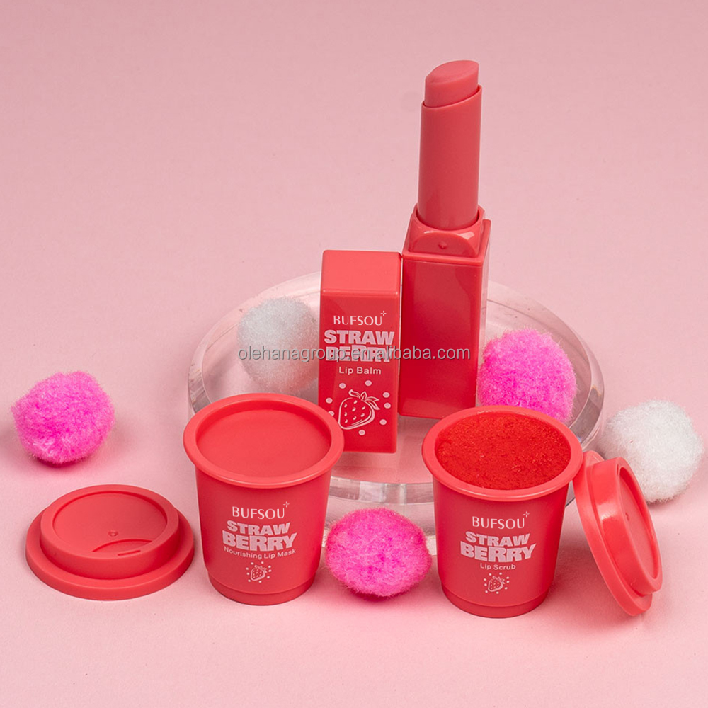 Private Label 3 in 1 Scrub Lip Sleeping Mask Balm Strawberry Collagen Moisturizing Anti-aging Exfoliating Soft Lip Care Set