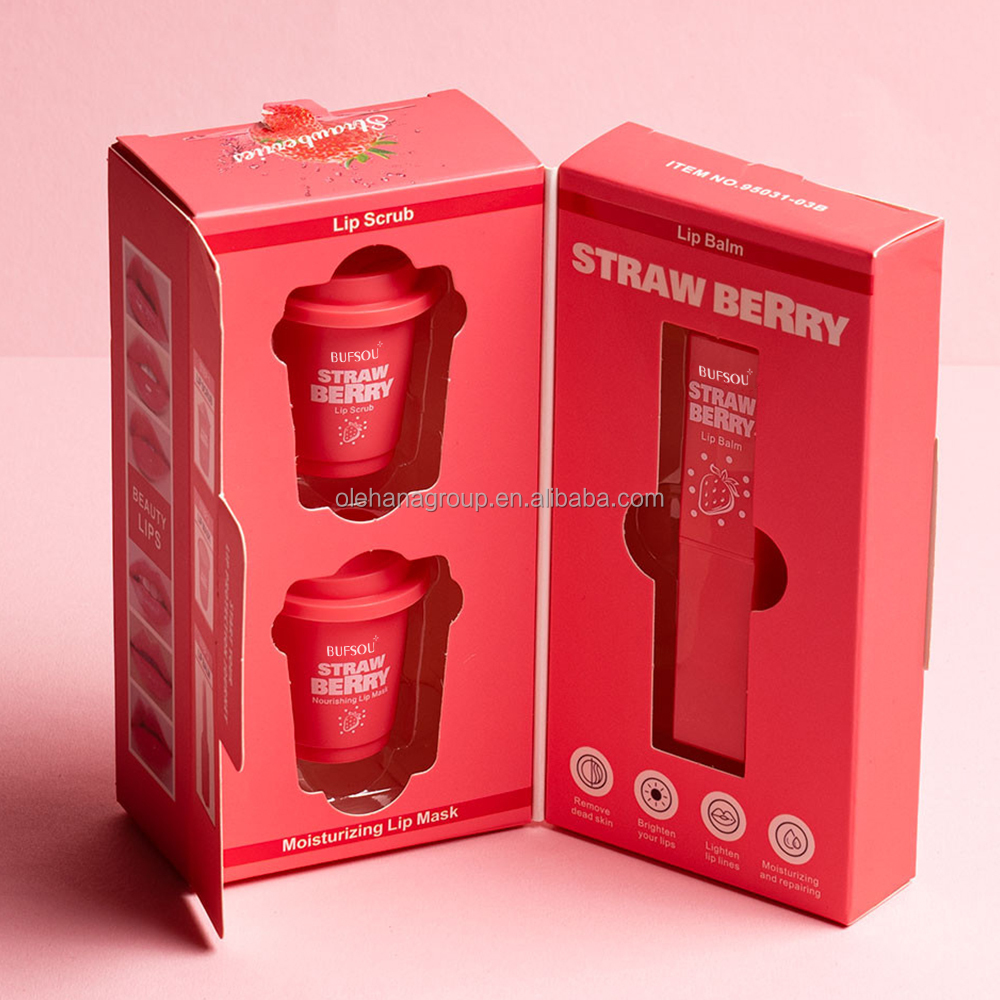 Private Label 3 in 1 Scrub Lip Sleeping Mask Balm Strawberry Collagen Moisturizing Anti-aging Exfoliating Soft Lip Care Set