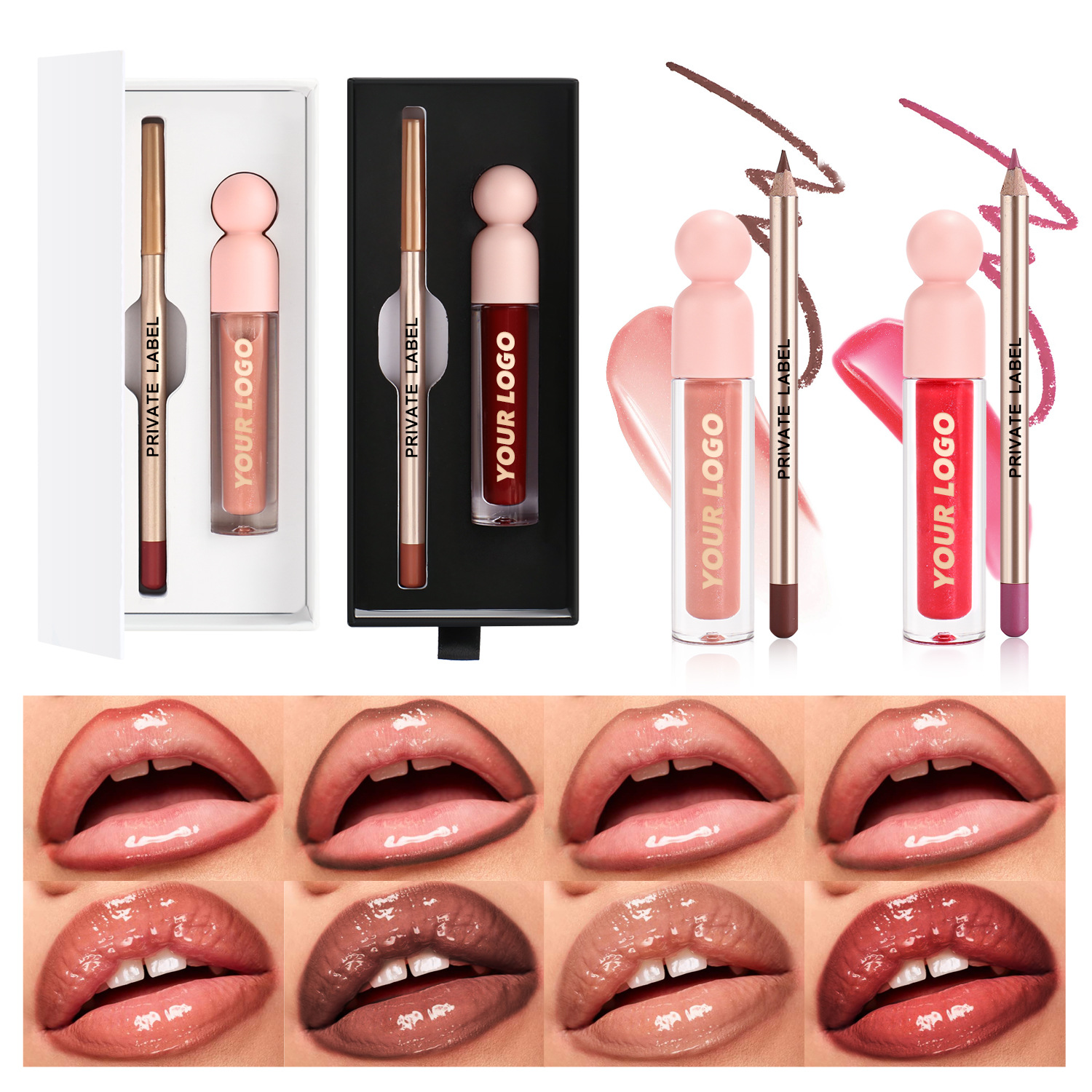 Wholesale Lip Gloss Kit Box Packaging Custom 2 In 1 Lipgloss Kits Lip Liner And Lip Gloss Set Custom Logo