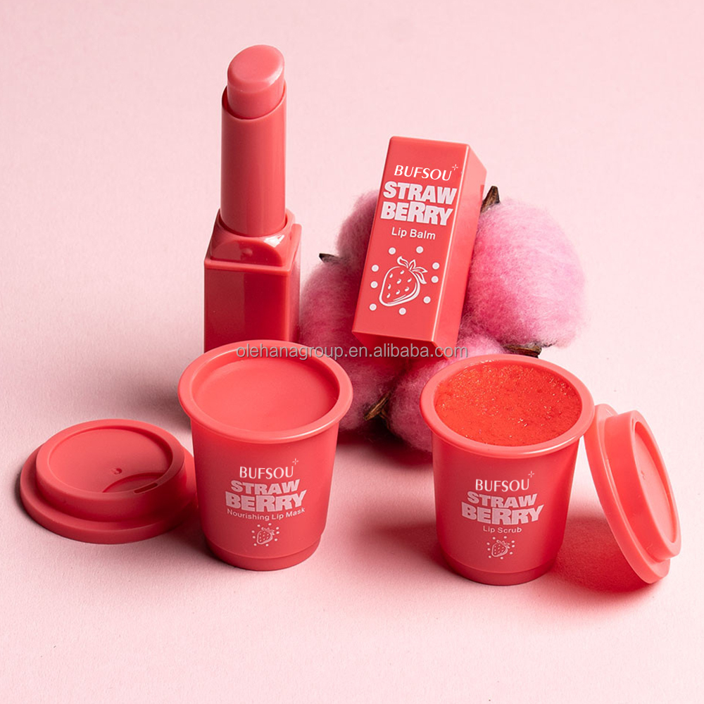 Private Label 3 in 1 Scrub Lip Sleeping Mask Balm Strawberry Collagen Moisturizing Anti-aging Exfoliating Soft Lip Care Set