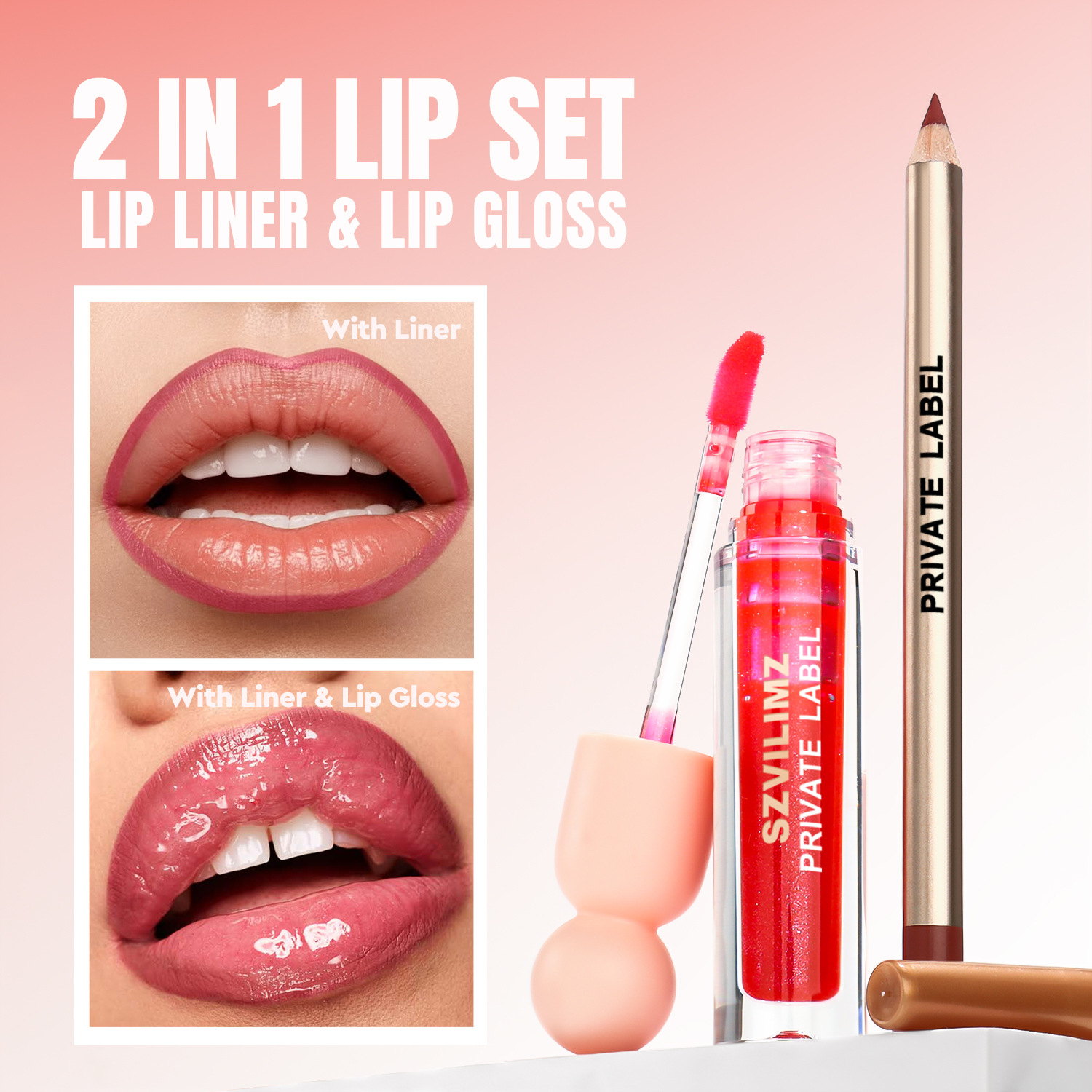 Wholesale Lip Gloss Kit Box Packaging Custom 2 In 1 Lipgloss Kits Lip Liner And Lip Gloss Set Custom Logo